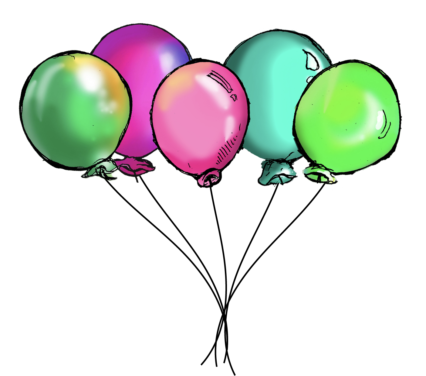 Four colorful balloons, in green, purple, pink, and blue, tied together with strings.