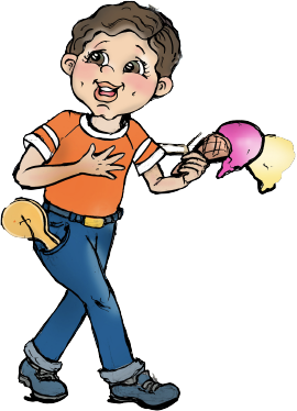 A boy happily eating an ice cream cone with three scoops.