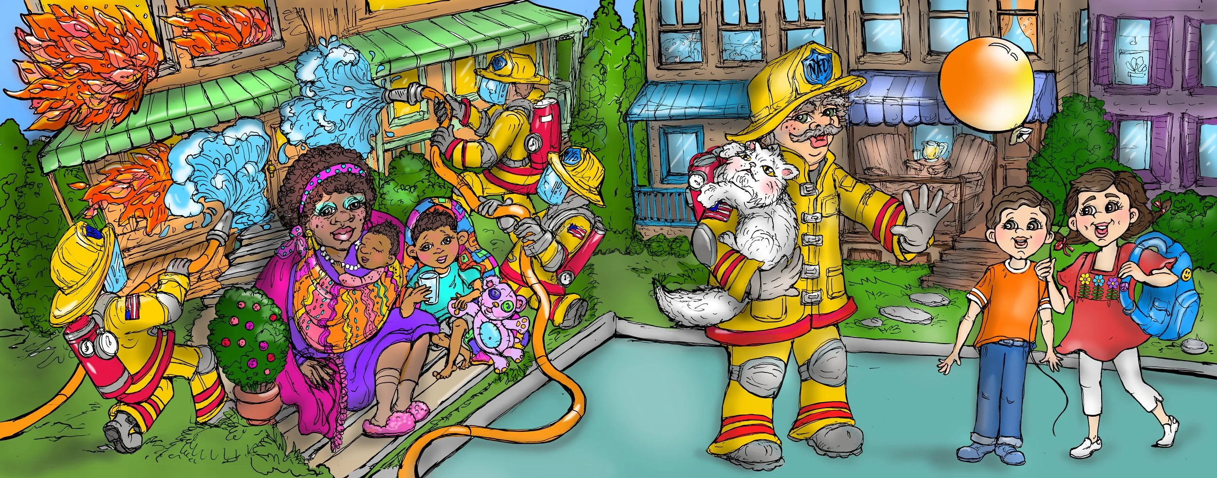 A fireman and a woman with children and a pet, with children enjoying a fire safety demonstration on a house and small pool.