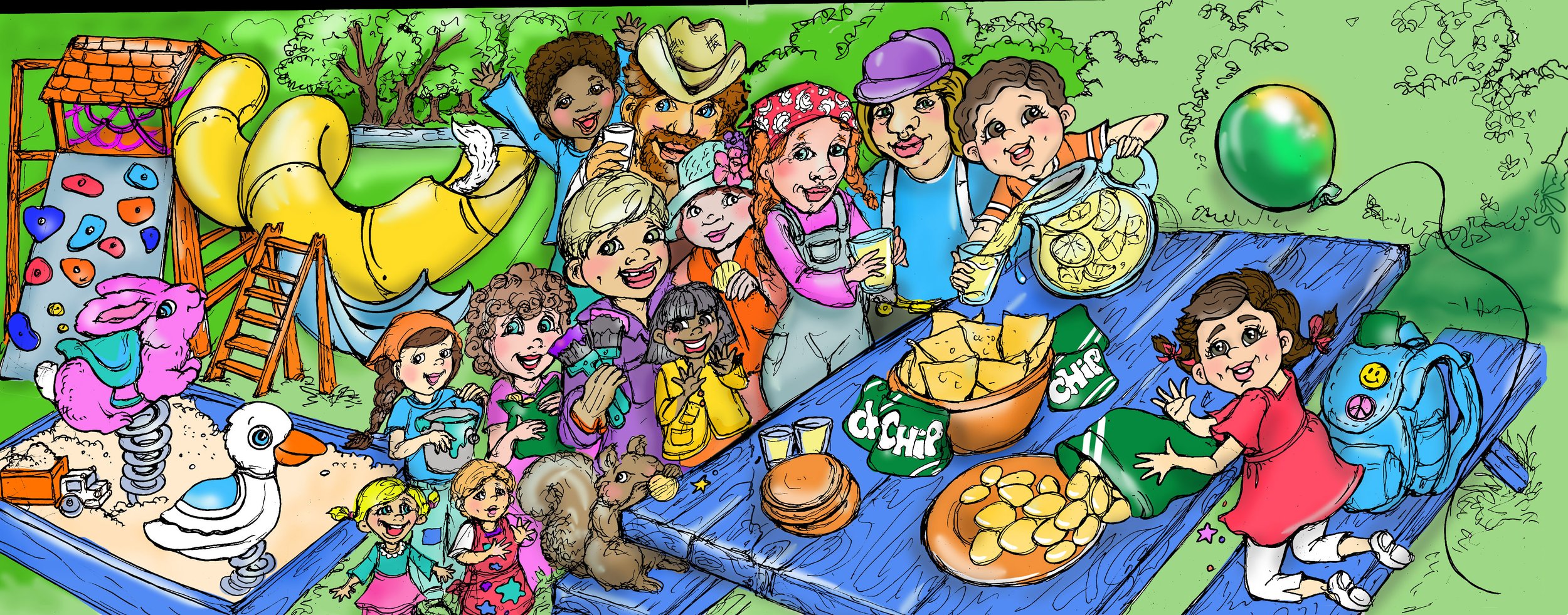Colorful outdoor children's birthday party with kids, adults, a slide, sandbox, picnic table, cake, snacks, toys, and decorations in a park setting.