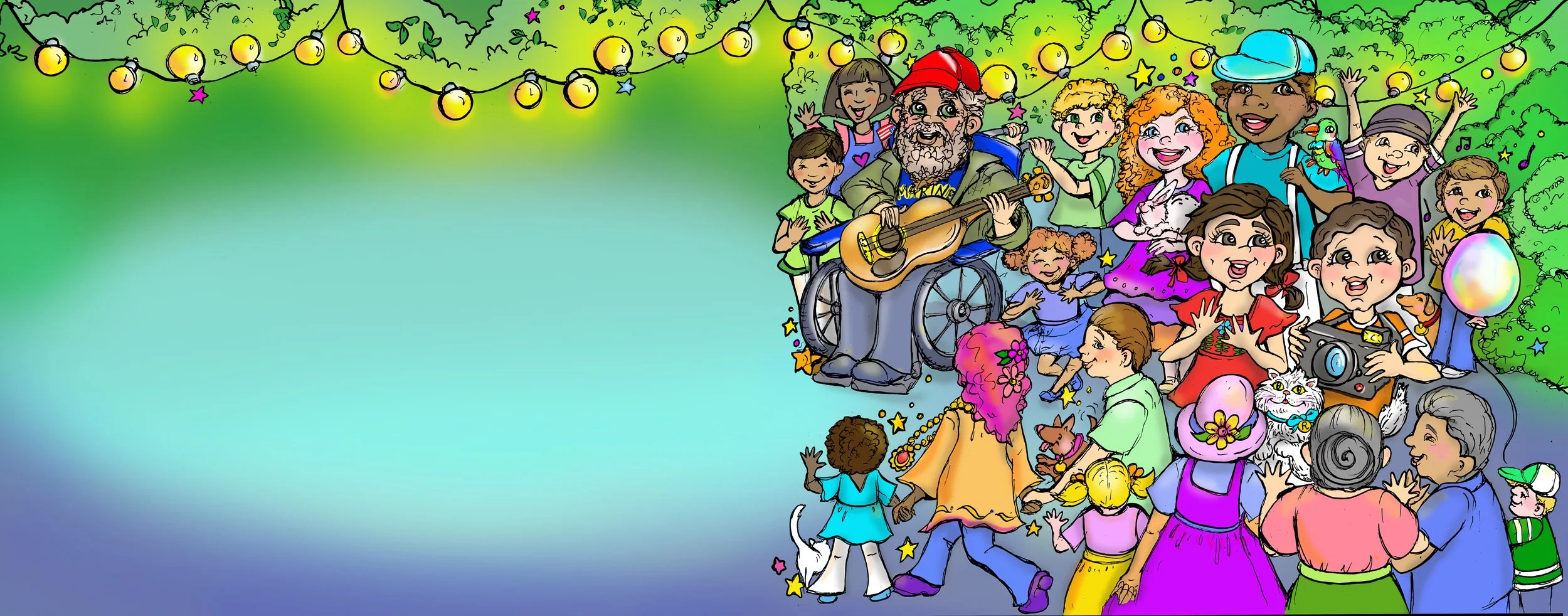 Colorful illustration of a diverse group of children and adults gathered outdoors, some taking photos, laughing, and celebrating around a man in a wheelchair playing a guitar, with string lights and greenery in the background.