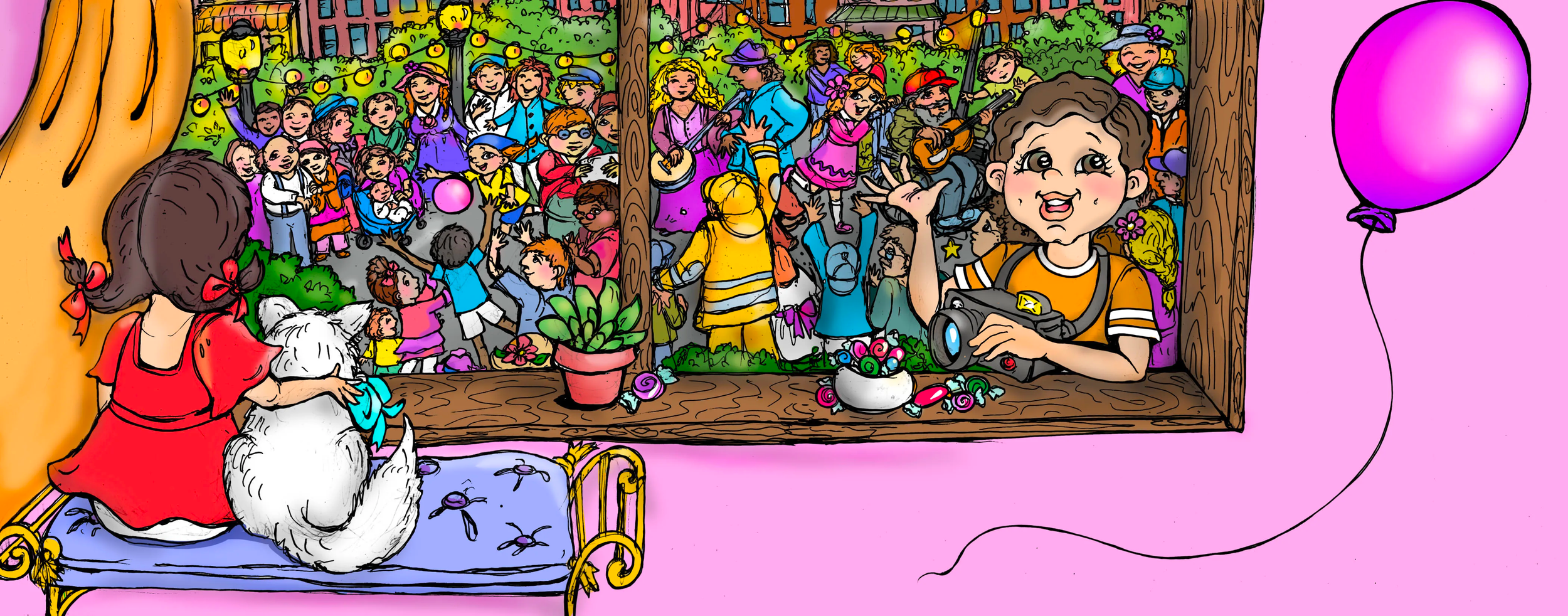 Colorful illustration of a crowd of people, including children and adults, gathered outdoors behind a wooden fence for a festive event. In the foreground, a girl and a dog sit on a bed watching the crowd through a window, with a woman with a camera r