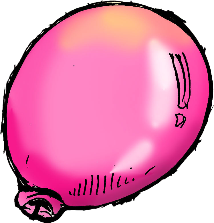 A pink balloon tied to a string with green leaves and a small orange flower in the background.