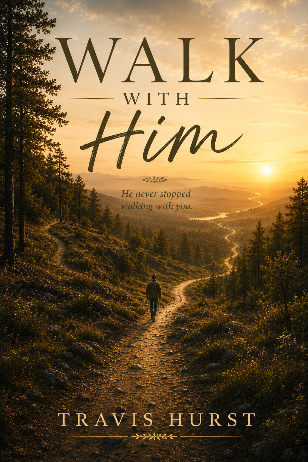 Walk with Him book cover. A man walking on a winding dirt trail through a forested mountain landscape at sunset, with the sun low on the horizon and casting a warm glow.