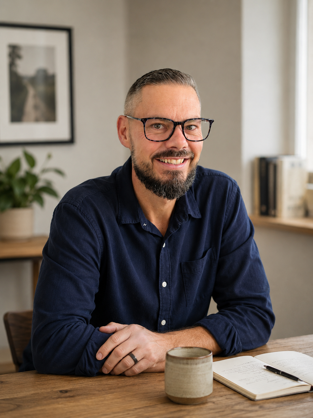 Smiling man with glasses and beard sitting at a wooden table in a cozy home, with a coffee mug, open notebook, and pen, in a room with a framed picture, plant, and bookshelf.
