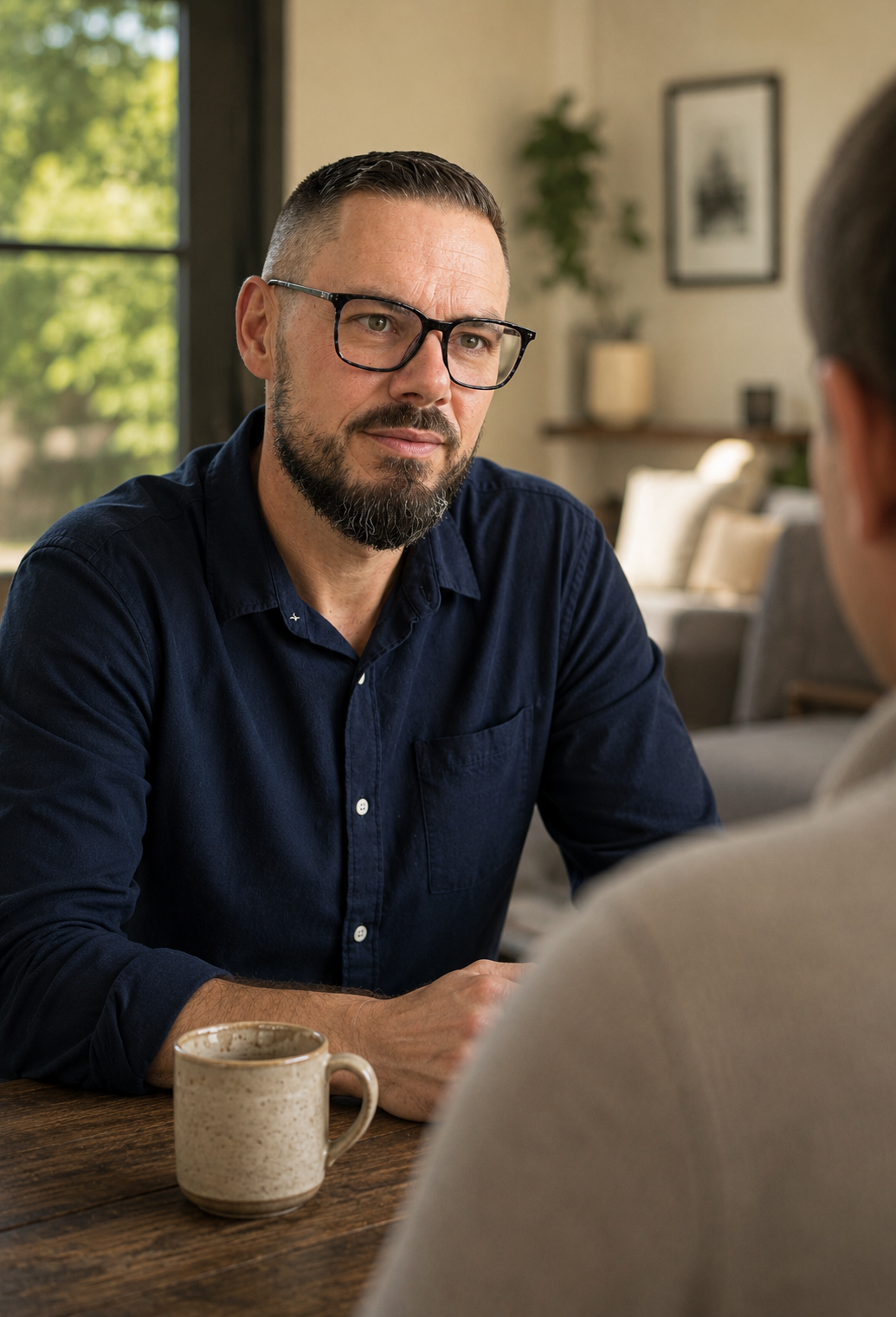 A man with glasses and a beard, wearing a dark blue shirt, is sitting at a wooden table having a conversation with another person whose back is visible. There is a coffee mug on the table. The background shows a cozy room with a window, a plant, framed pictures, and a lamp.