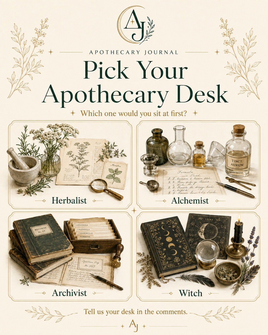 Which desk are you claiming?

🌿 Herbalist &mdash; flowers, mortar and pestle, handwritten botanical notes
⚗️ Alchemist &mdash; bottles, formulas and mysterious experiments
📚 Archivist &mdash; specimen records, catalogues and forgotten papers
🌙 Wit