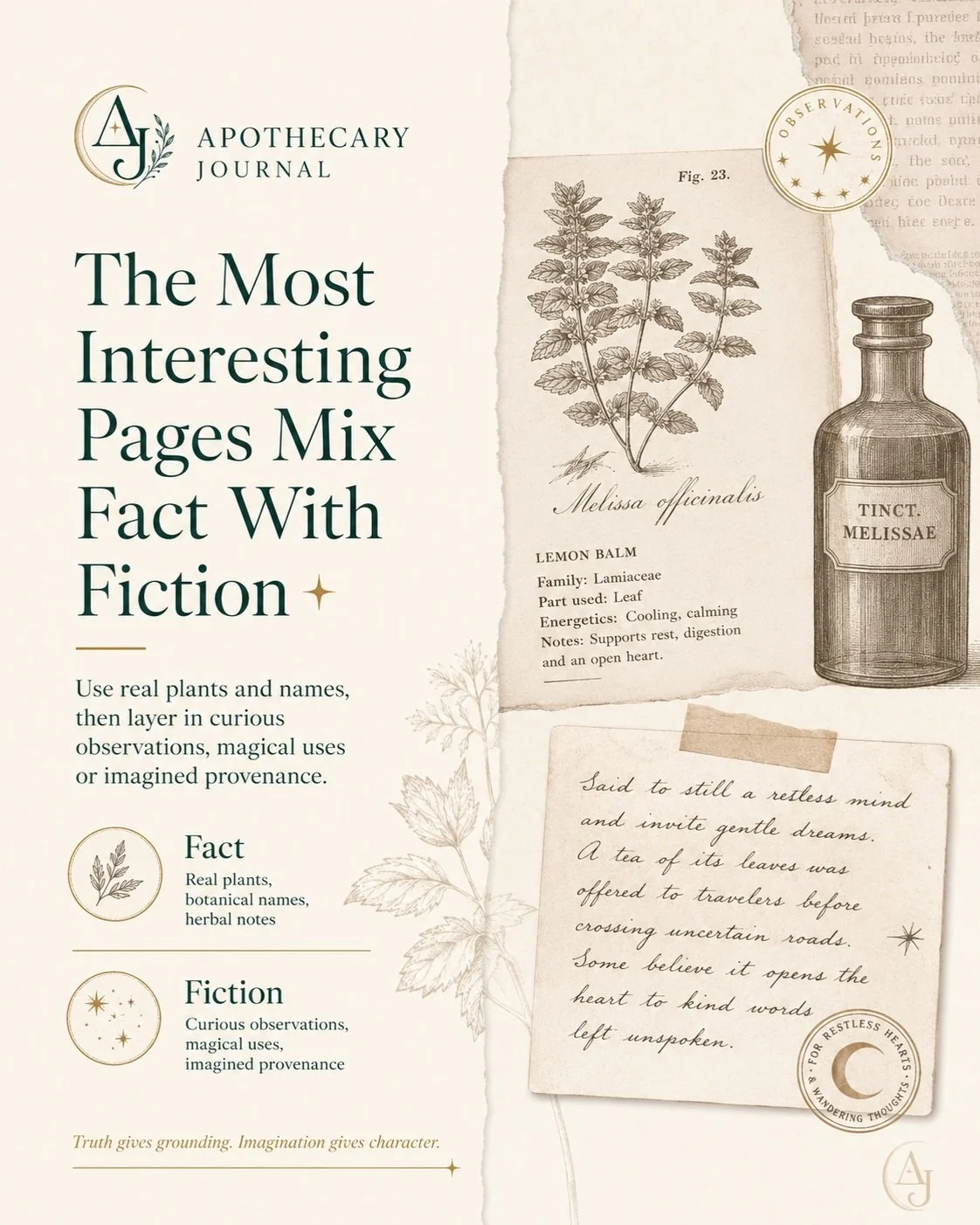 A real botanical name makes a page believable.

A strange handwritten observation makes it unforgettable.

The Creative Companion shows you how to mix herbarium-style details, specimen records and real botanical inspiration with invented histories, c
