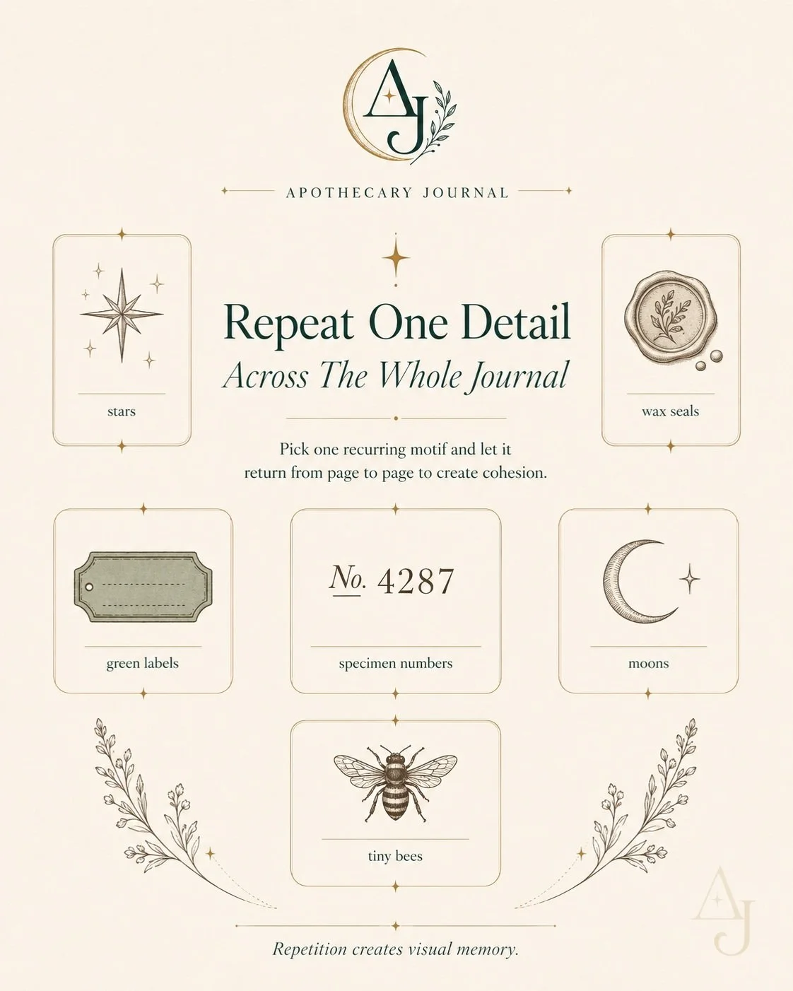 Here is one of the easiest ways to make a journal feel beautifully cohesive:
Choose one tiny motif and let it keep appearing.

A crescent moon. A little bee. Green labels. Wax seals. A recurring specimen number.

The reader may barely notice it consc