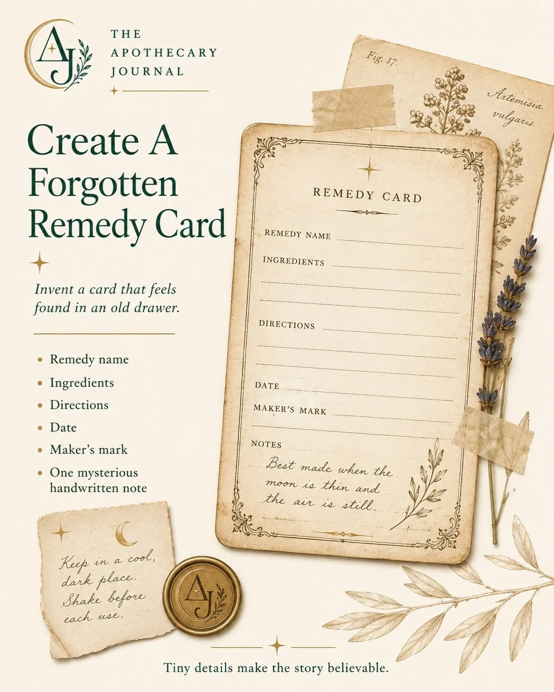 Imagine finding a faded remedy card tucked into the back of an old apothecary drawer.

A name. A few ingredients. A date. A maker&rsquo;s mark. One slightly mysterious handwritten instruction...

The Apothecary Journal Creative Companion gives you do