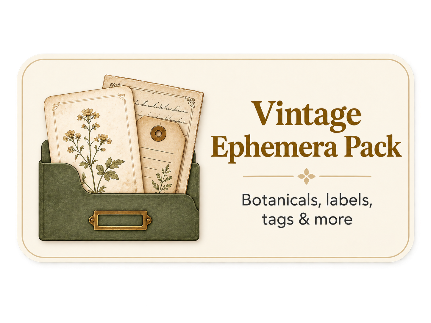 Vintage botanical ephemera pack cover with illustrations of botanicals, labels, tags, and more in a decorative style.