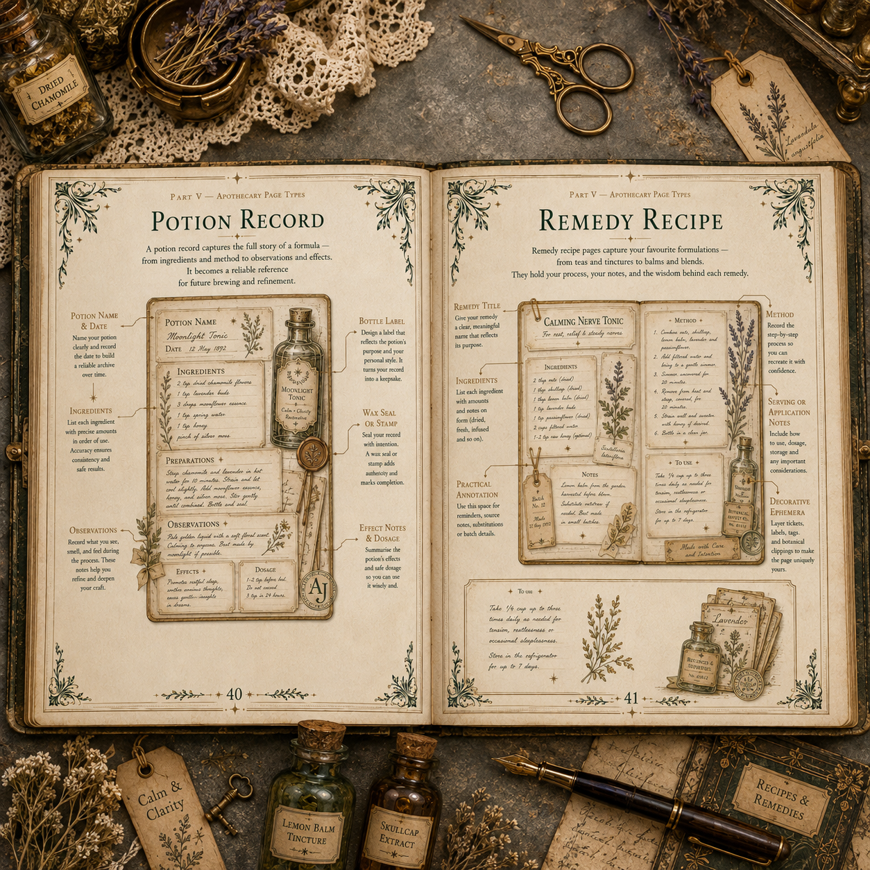 Open antique recipe book displaying pages on potion records and remedy recipes, surrounded by dried herbs, glass bottles, a feather pen, scissors, and vintage tags and notes, all on a rustic gray surface.