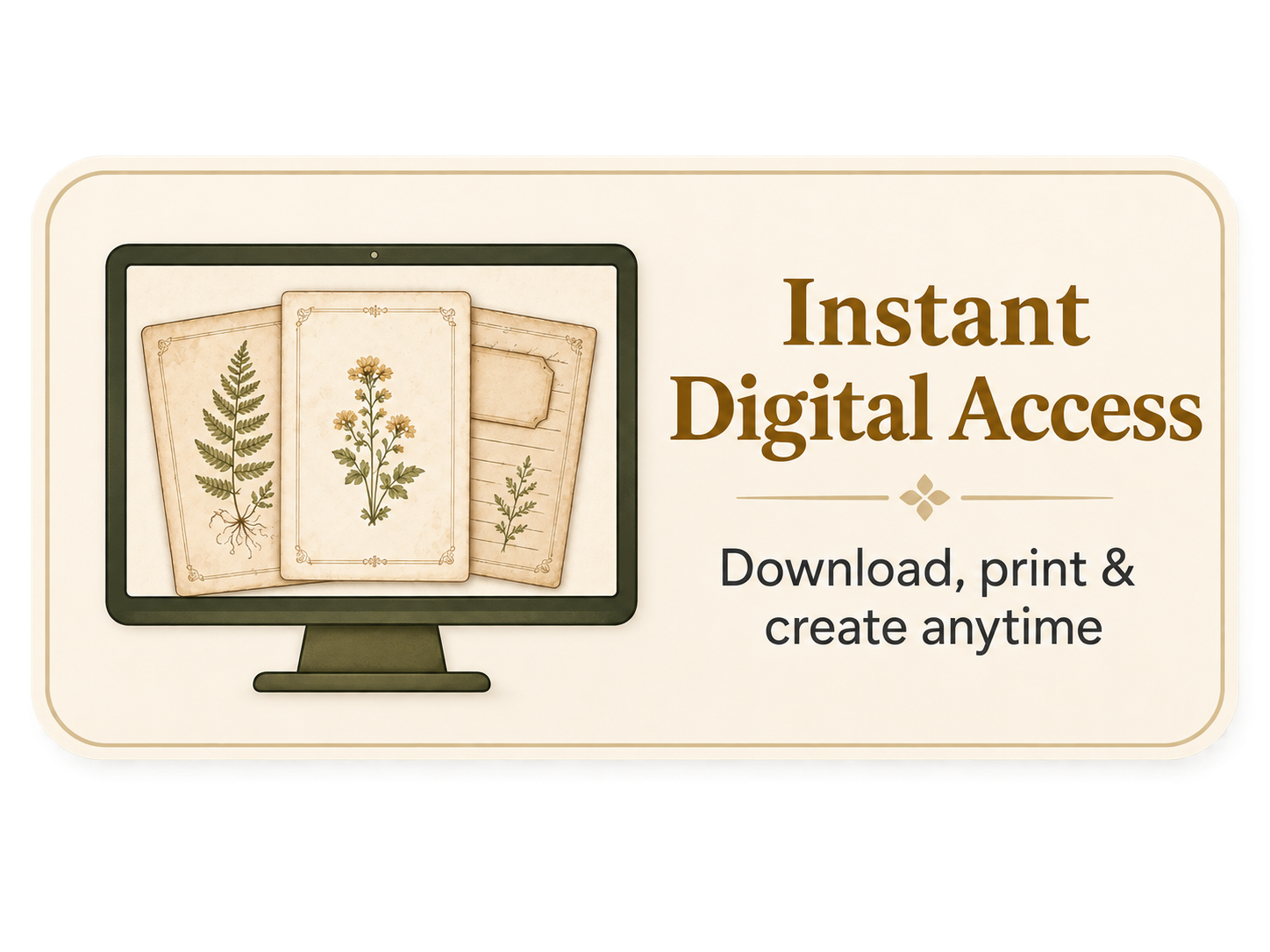 A digital tablet displaying botanical illustrations of fern and flowering plants on vintage-style cards, with text indicating instant digital access for downloading, printing, and creating botanical prints anytime.