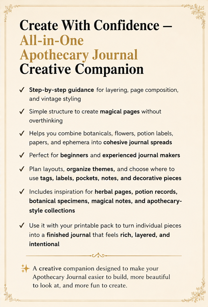 Promotional flyer for an all-in-one apothecary journal titled "Create With Confidence" with features like step-by-step guidance, simple structure, and inspiration for herbal pages, potion records, and botanical collections; emphasizes collaboration of botanical elements into cohesive journal spreads and is suitable for beginners and experienced journal makers.