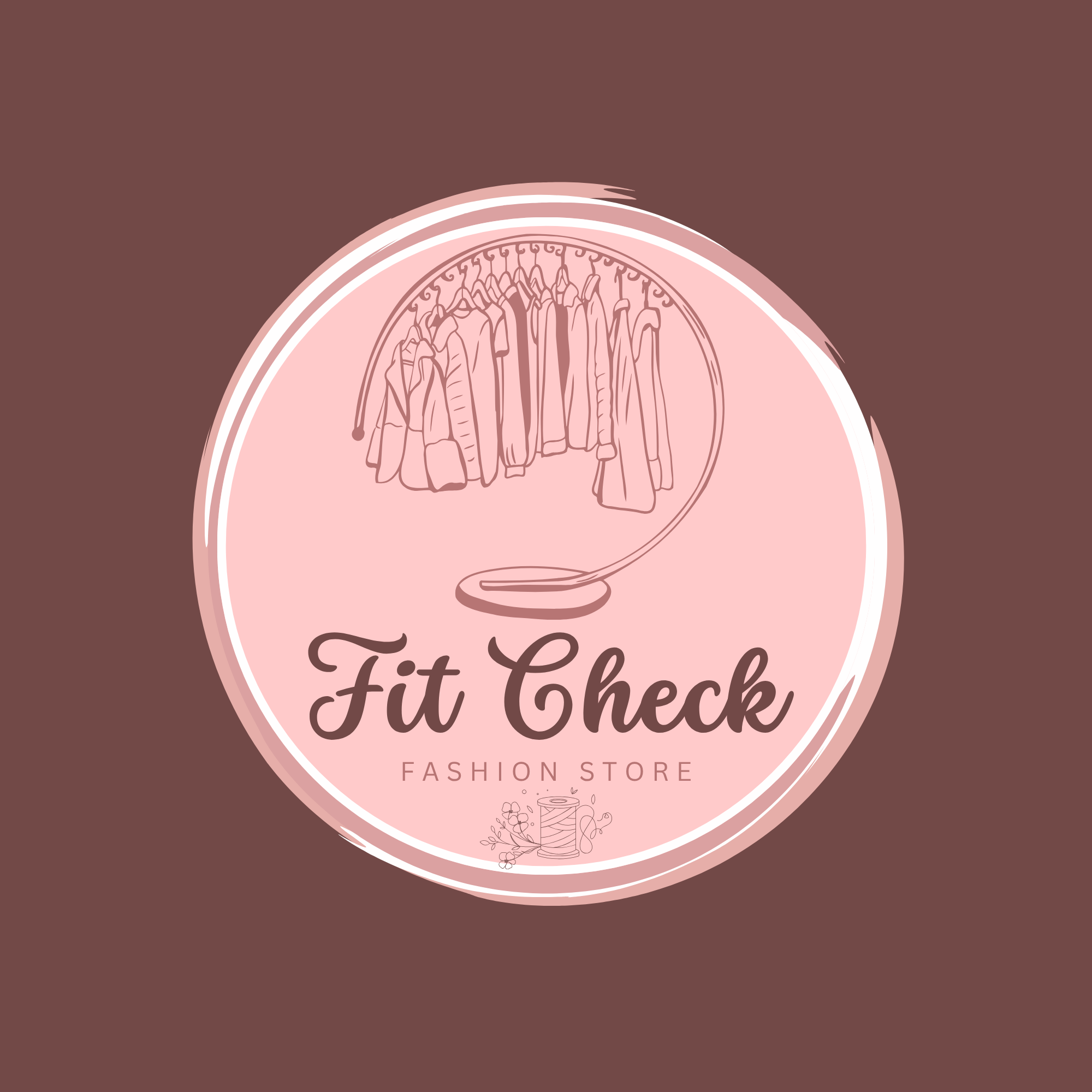 Logo for a fashion store called "Fit & Fetch" with a pink and brown color scheme, featuring a circular design with clothing hangers and a spool of thread.