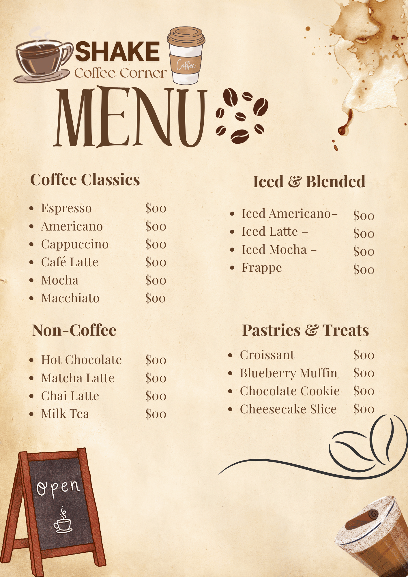 Coffee shop menu with coffee and pastry options on a beige background, including hot and iced beverages, and treats like croissants, muffins, chocolates, and cheesecake slices.