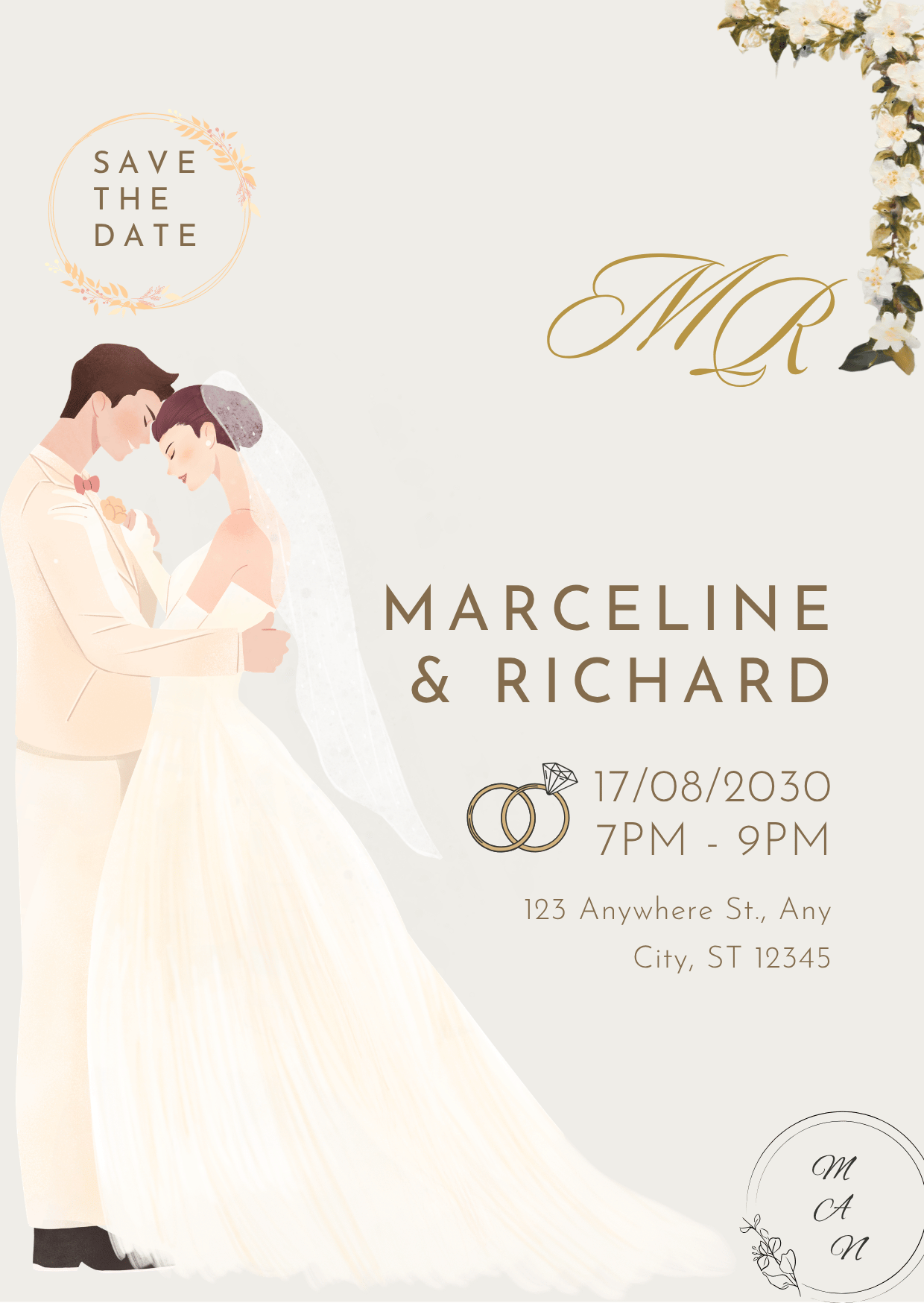 Elegant wedding save the date invitation featuring an illustration of a bride and groom embracing, with floral decorations, wedding date, time, location, and the couple's initials.