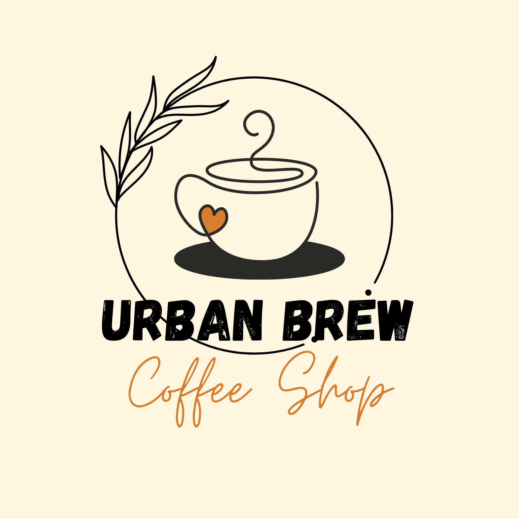 Minimalist line art illustration of a coffee cup on a saucer, with steam rising from it, surrounded by a sprig of leaves and a small heart, with the text "Urban Brew Coffee Shop" in decorative fonts.