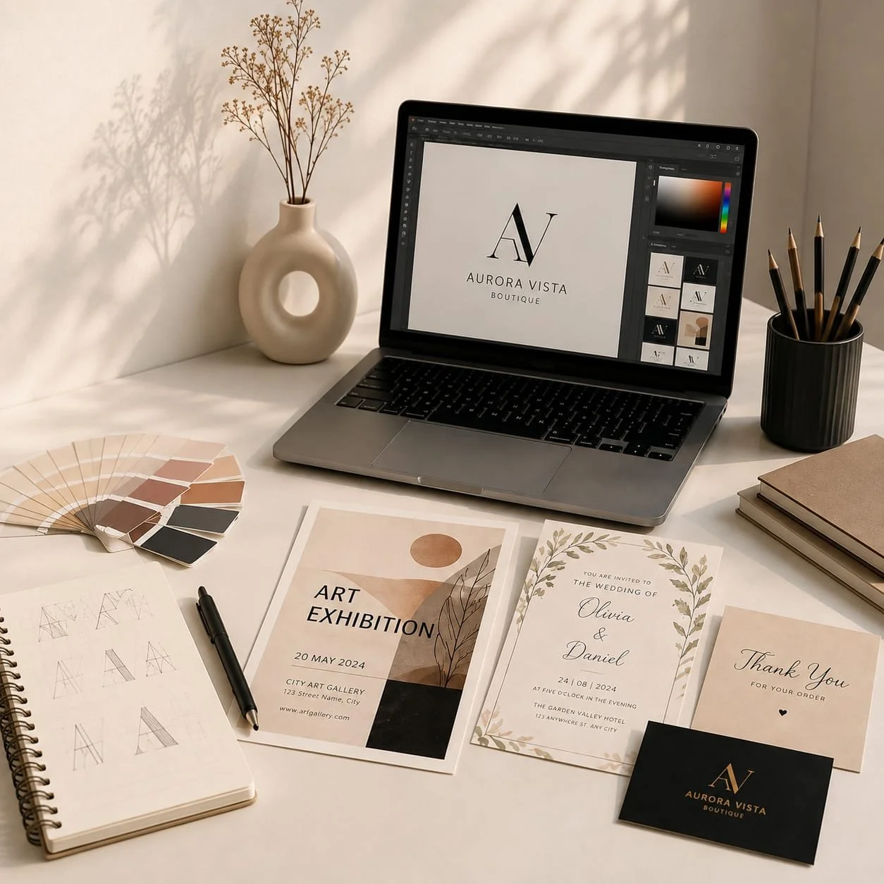 Design desk with laptop displaying Aurora Vista Boutique logo, art exhibition flyer, wedding invitation, thank you card, color palette fan, sketchbook with drawings, and pens, with a decorative vase and container of pencils on a white surface.