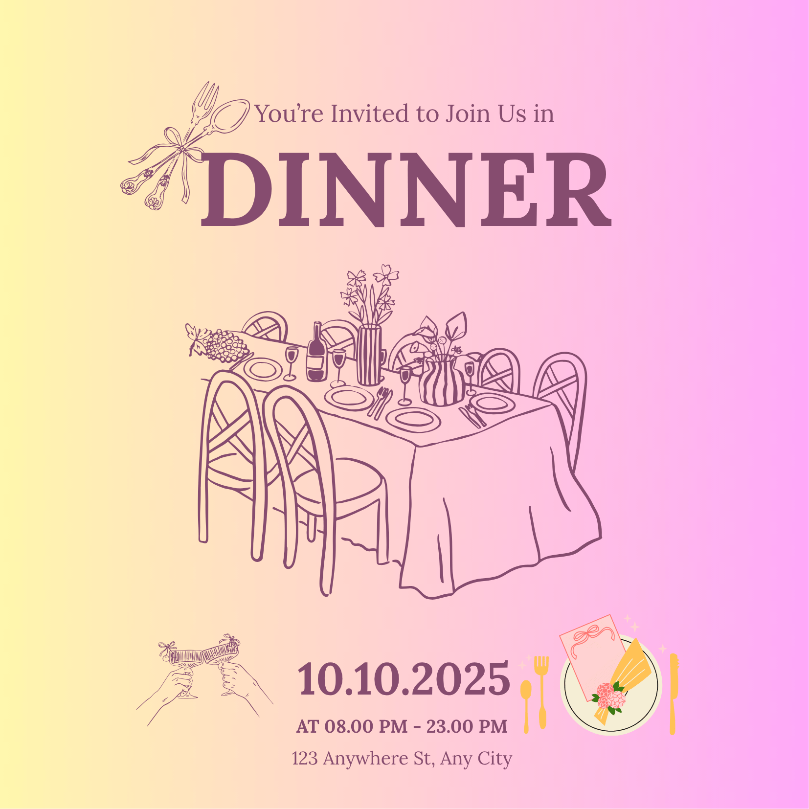 Invitation to dinner event with a pastel gradient background, illustration of a dining table set with plates, glasses, cutlery, and floral centerpieces, and details about date, time, and location.