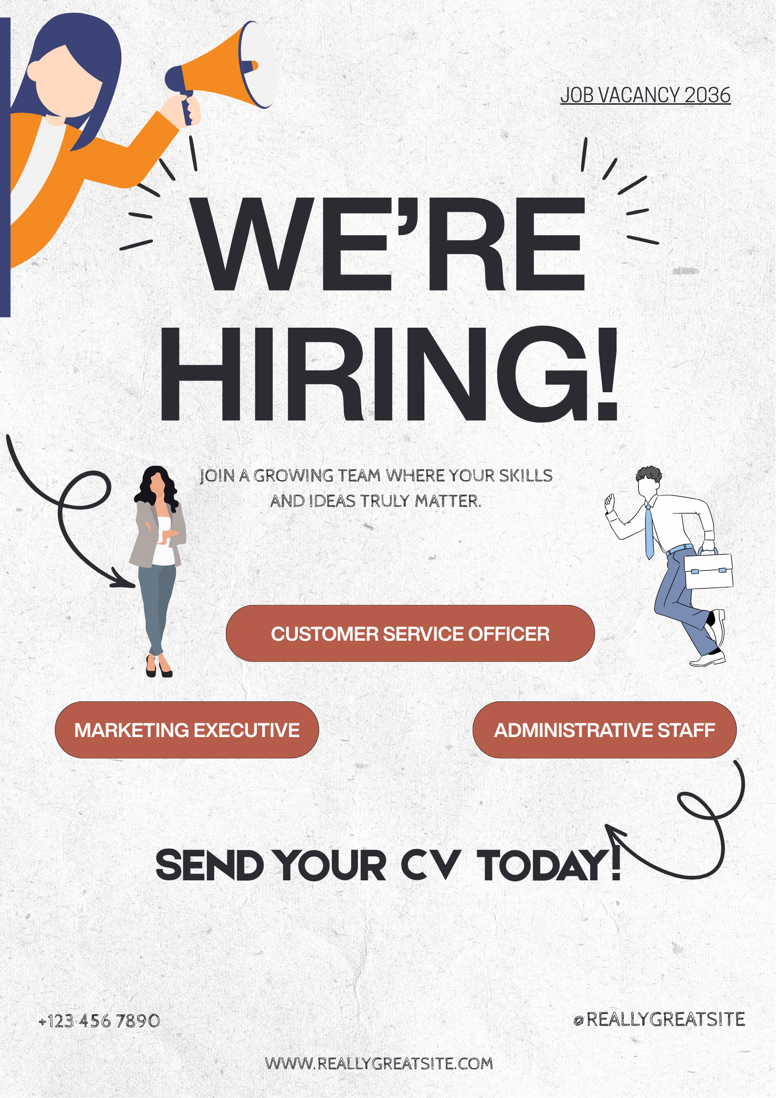 An illustrated recruitment poster with a woman holding a megaphone on the left and a man with a briefcase on the right. The text announces a job vacancy for 2036, with options for positions like Customer Service Officer, Marketing Executive, and Administrative Staff. It encourages viewers to send their CVs and provides contact information and a website.
