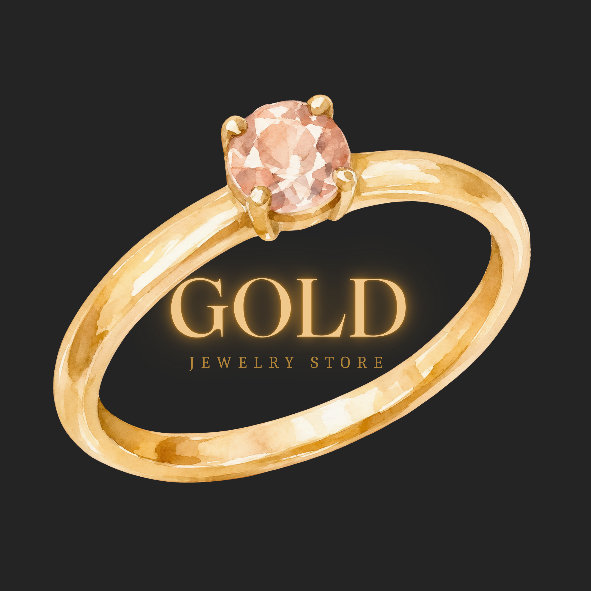 A gold ring with a large round pink gemstone in a prong setting. The ring is set against a black background and features the words 'GOLD JEWELRY STORE' in illuminated text.