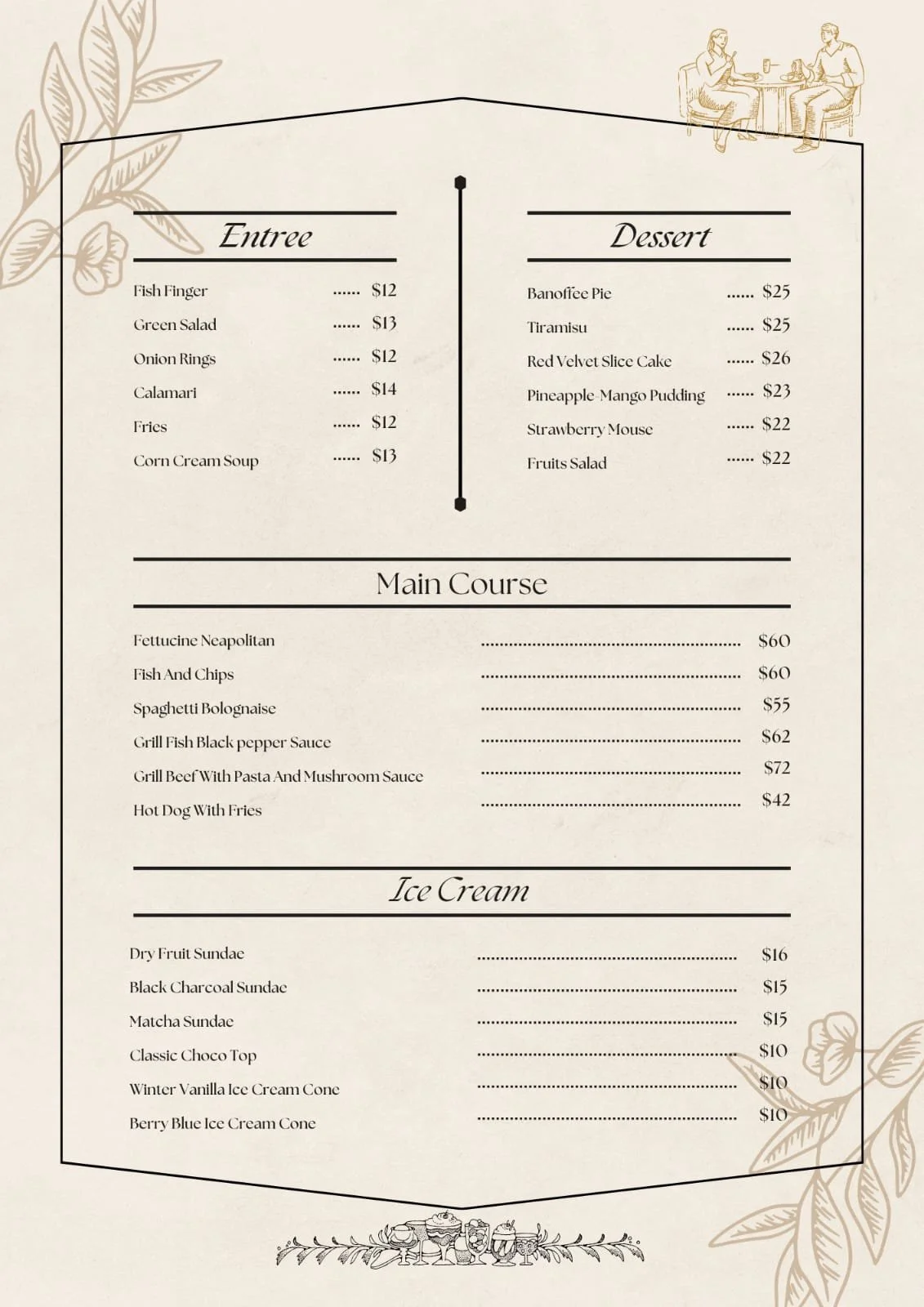 A restaurant menu with sections for Entree, Dessert, Main Course, and Ice Cream, listing various dishes and prices. The menu has a decorative design with leaf illustrations and a sketch of two people dining at a table in the top right corner.