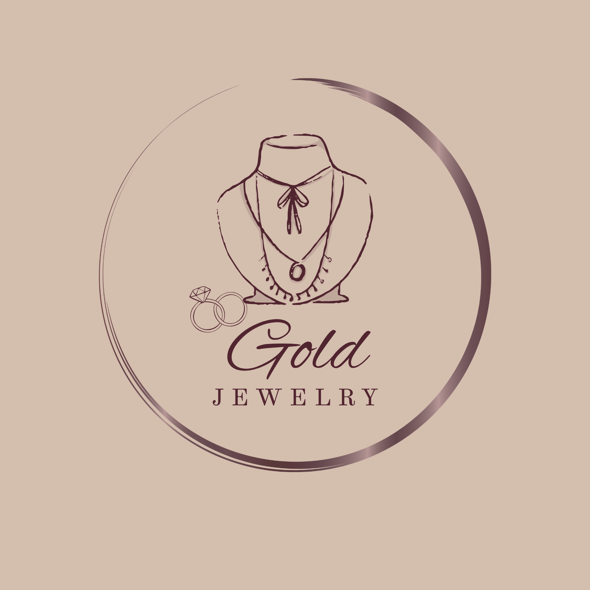 A logo for a jewelry brand called 'Gold Jewelry' with a line drawing of a headless woman wearing a suit with a bow tie, a ring, and a diamond ring, all on a beige background.
