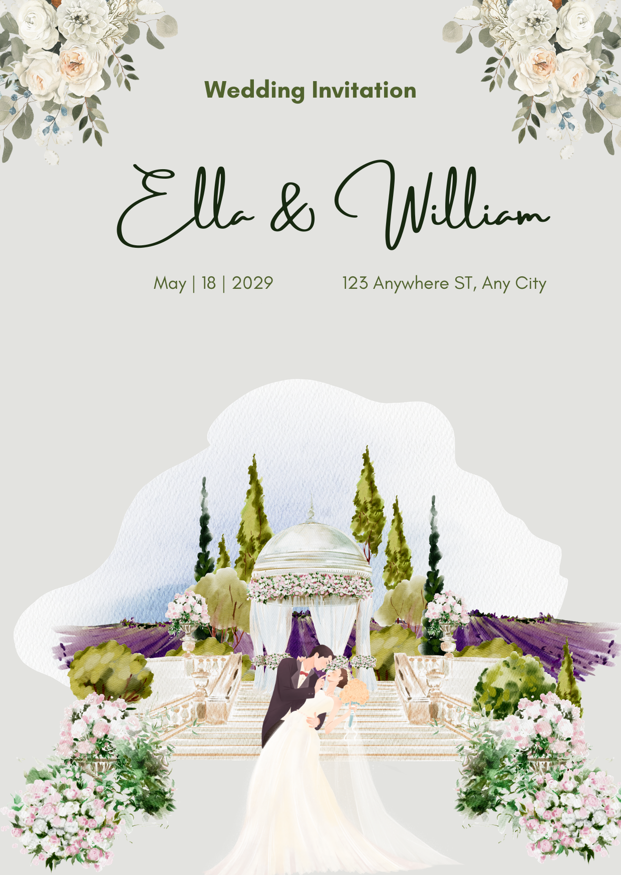 A wedding invitation with floral accents and the names Ella and William. It features a watercolor illustration of a wedding ceremony scene with a bride and groom embracing in front of a floral altar, surrounded by trees and flowers.