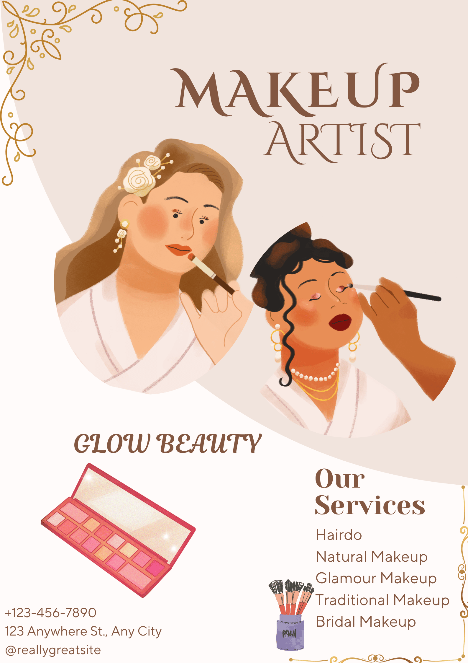 Illustration of two women applying makeup, one with floral accessories in her hair, and the other with curly hair, earrings, and layered necklaces, representing a makeup artist or beauty service advertisement.