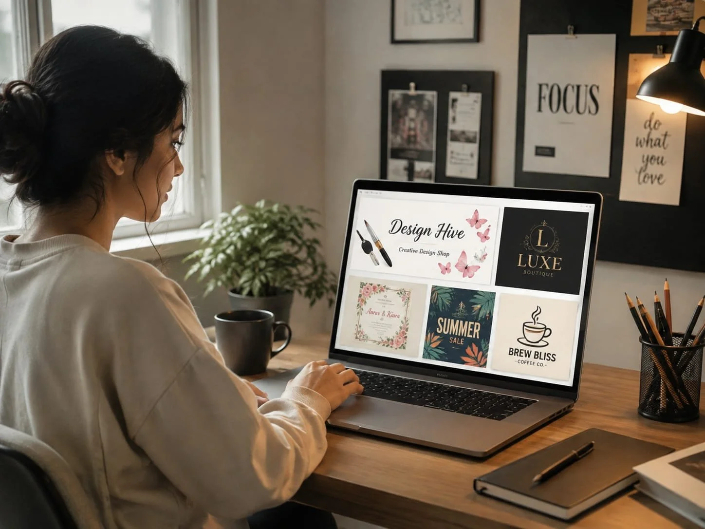 A woman working at a desk looking at a computer screen displaying a graphic for 'Design Hive,' a creative design shop, with images and text related to summer sales, a boutique, and coffee.