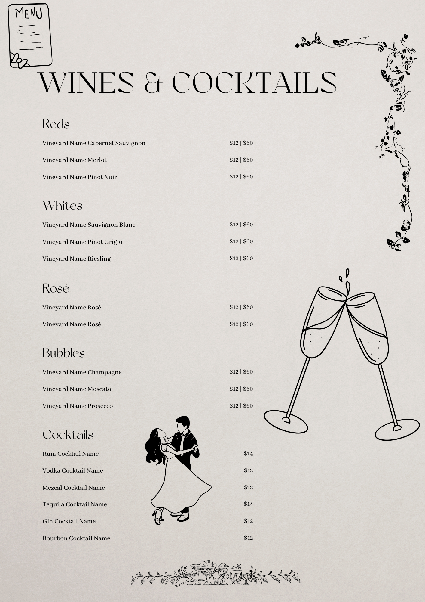 Wine and cocktail menu with sections for reds, whites, rosé, bubbles, and cocktails, decorated with line art illustrations of a menu, two clinking glasses, a dancing couple, and various drinks at the bottom.