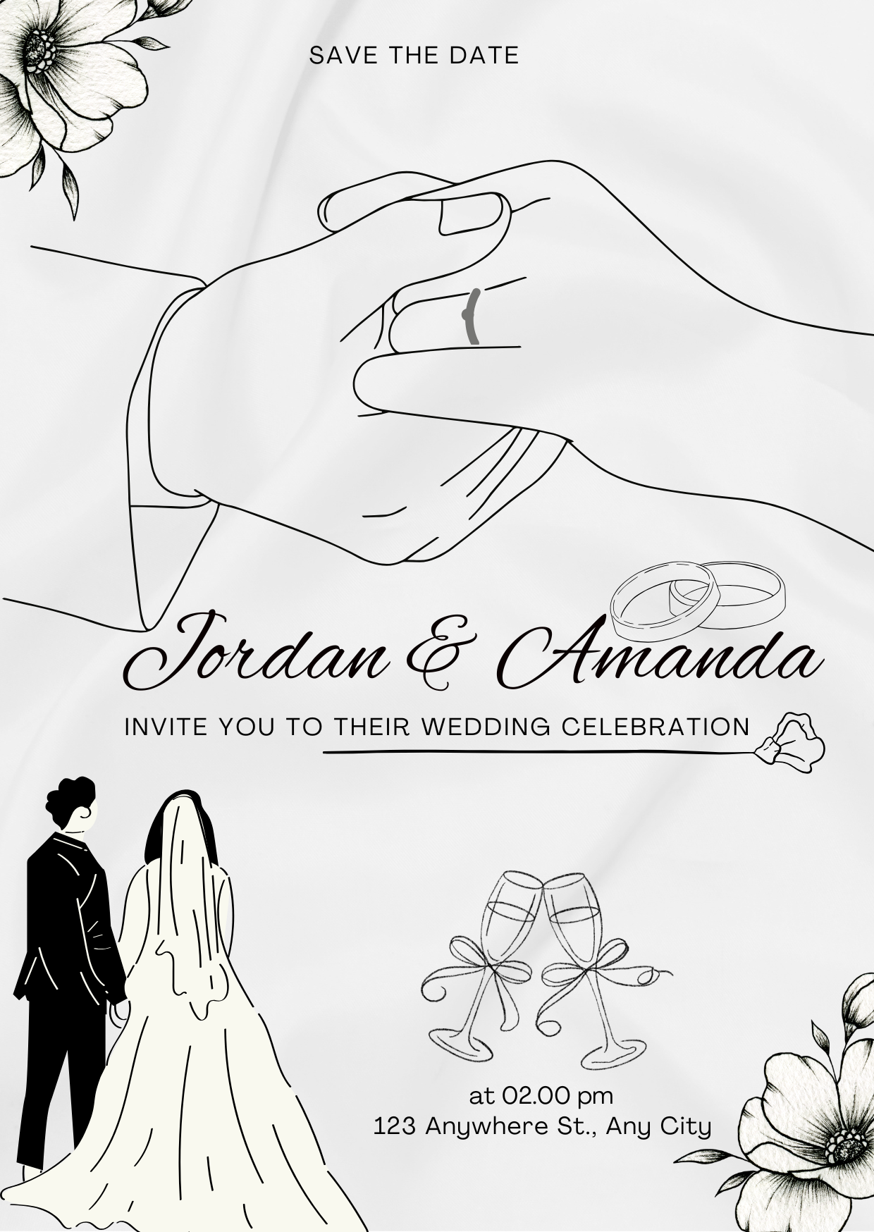 A wedding invitation with minimalist black and white line drawings, including a hand holding a ring, a bride and groom, champagne glasses, and floral accents. Text announces a wedding celebration for Jordan and Amanda at 2:00 pm on 123 Anywhere St., Any City.