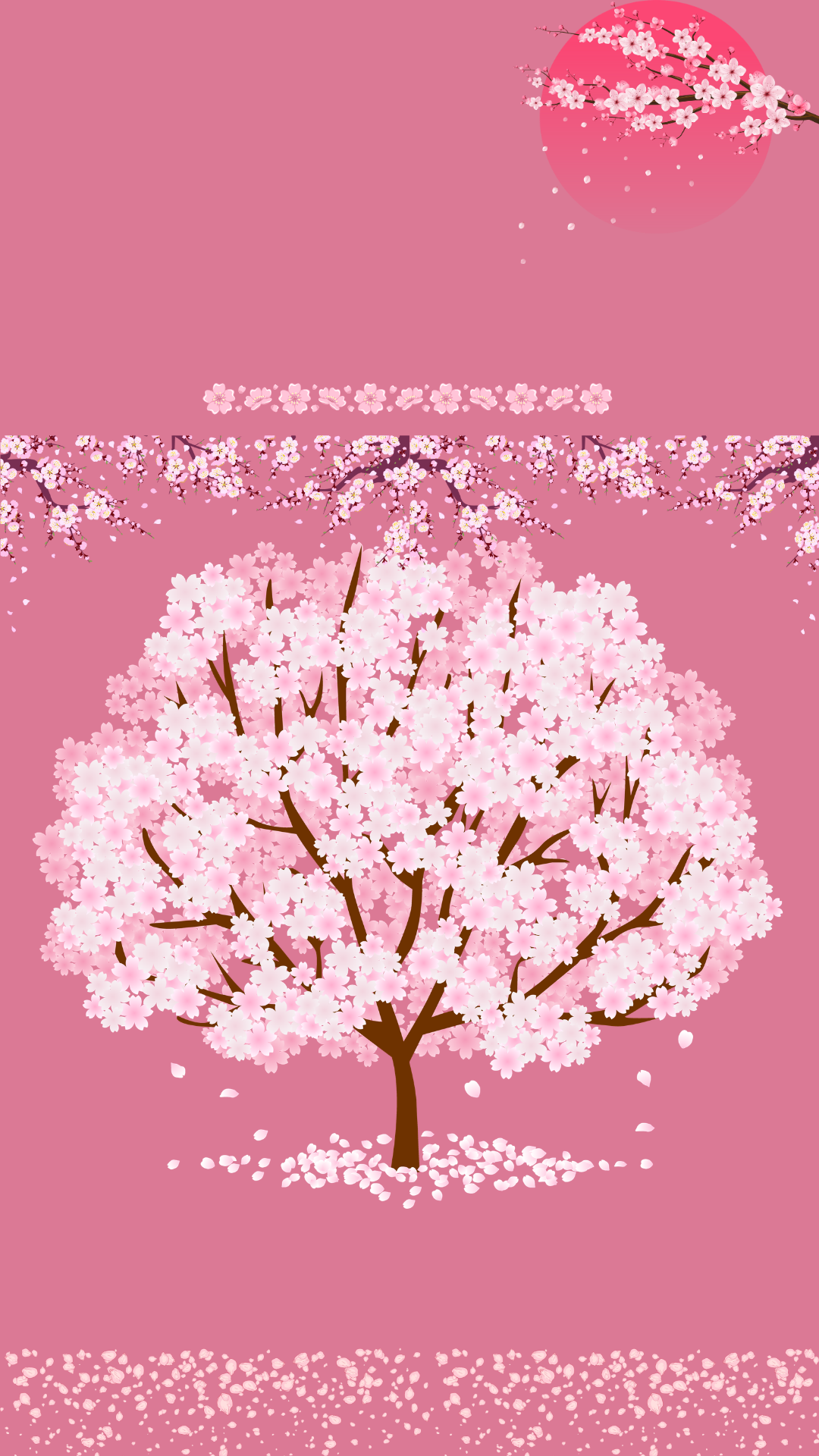 Decorative pink background with a large cherry blossom tree in full bloom, a branch with blossoms and petals, and a pink sun in the upper right corner.
