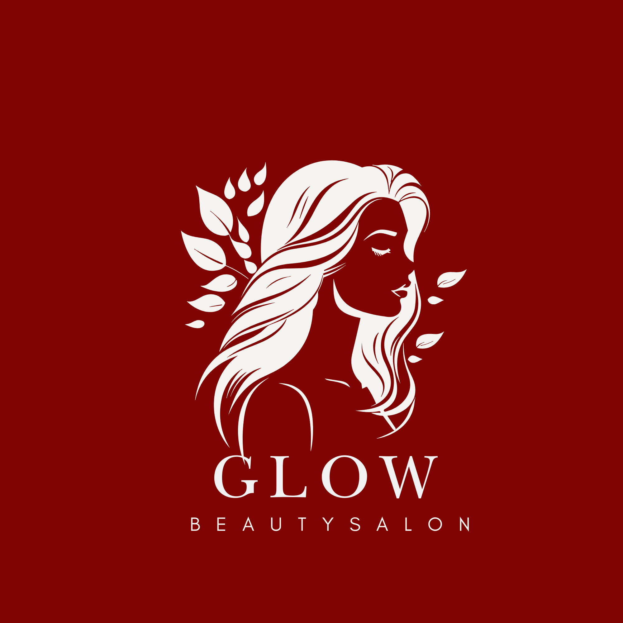 Logo for Glow Beauty Salon featuring a stylized woman's face with flowing hair and leaves, on a red background with white text.