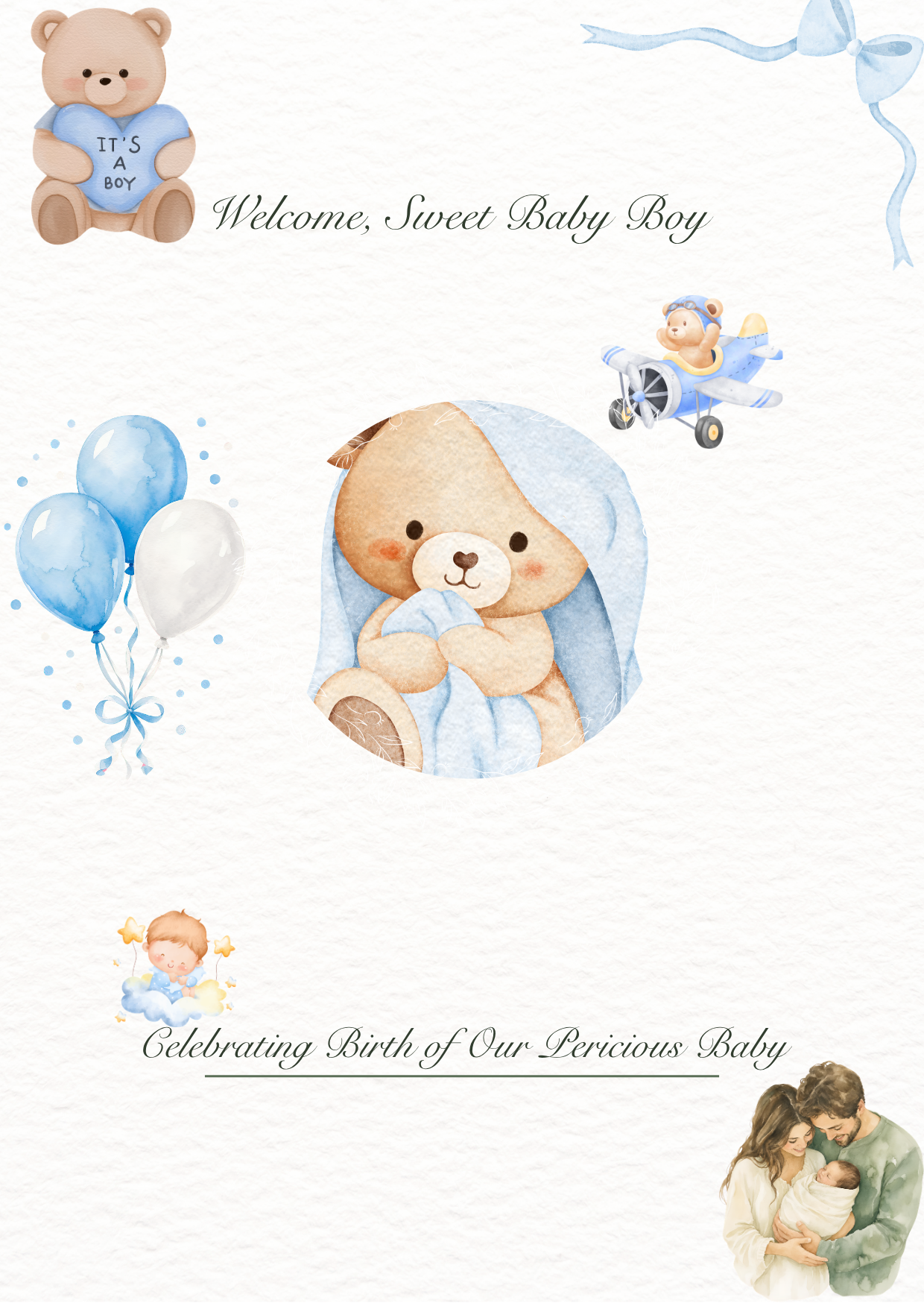 A baby shower invitation with pastel blue and beige colors, featuring a teddy bear with a heart saying 'It's a Boy', balloons, a baby in a cloud, a teddy bear in an airplane, and a couple holding a newborn baby.