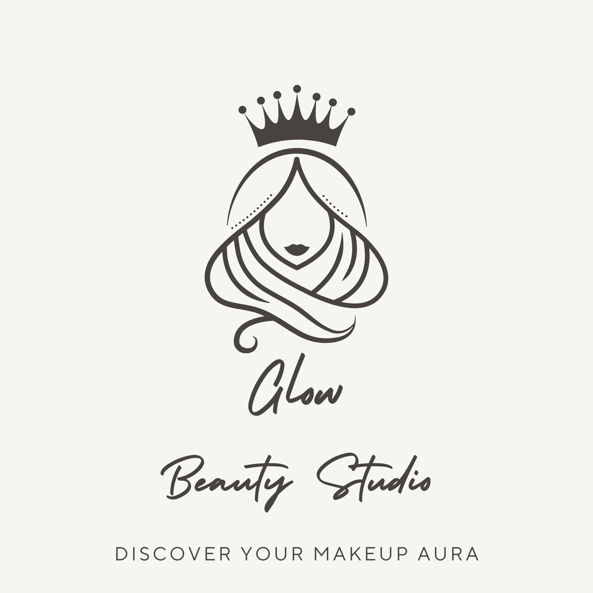 Logo for Glow Beauty Studio featuring a stylized woman's face with flowing hair, a crown, and the text 'Glow Beauty Studio' and 'Discover your makeup aura'.