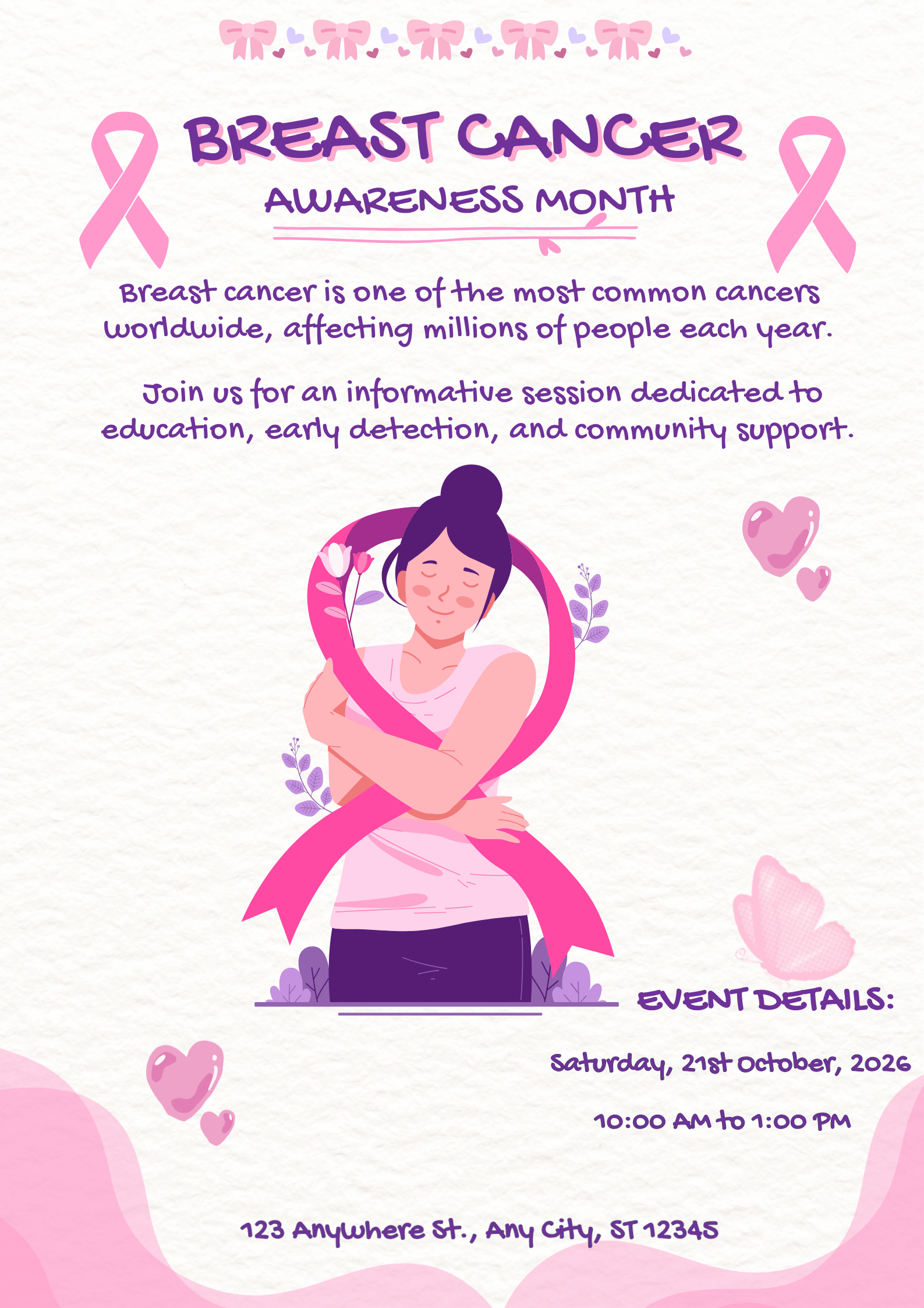 Pink-themed flyer for Breast Cancer Awareness Month featuring an illustration of a woman with closed eyes, smiling, surrounded by pink ribbons, hearts, and flowers. The flyer provides event details including date, time, and location.