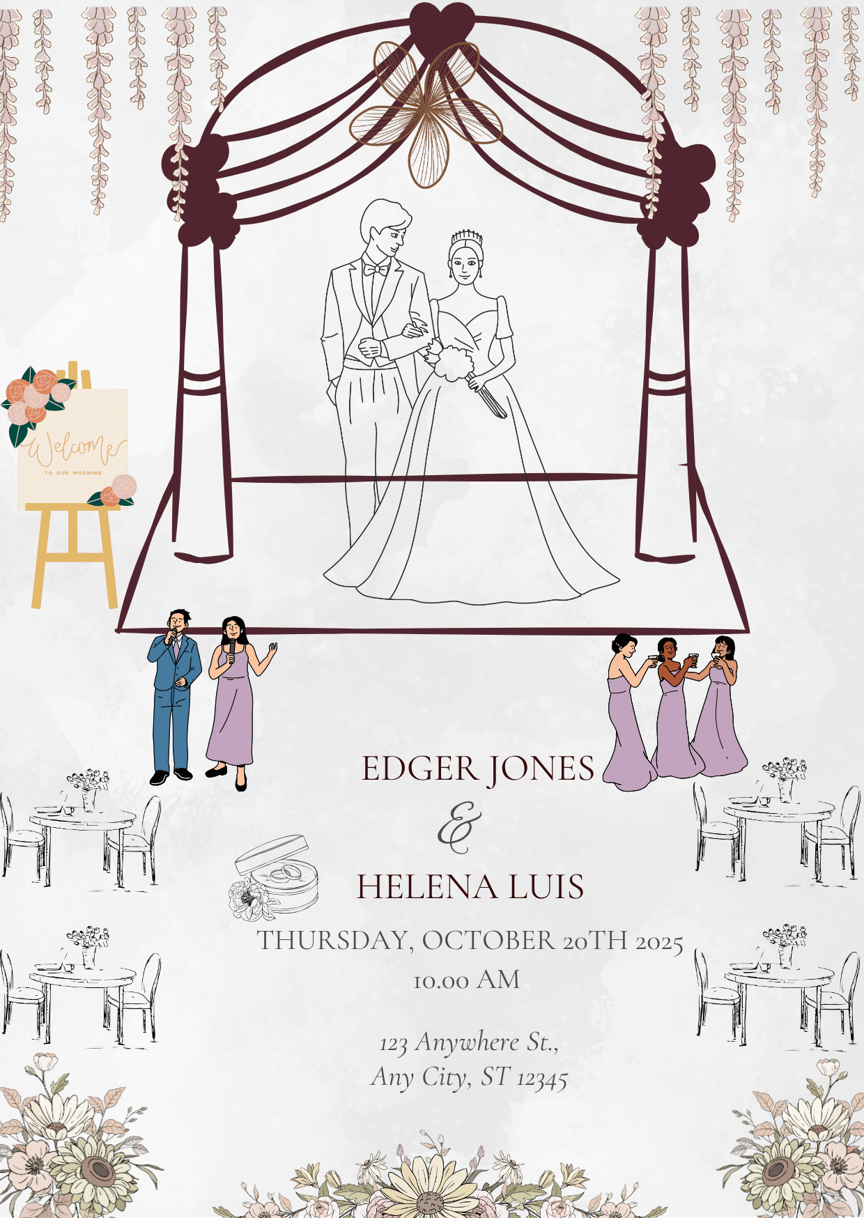 Wedding invitation featuring a black line drawing of a bride and groom on a stage with floral and curtain accents, surrounded by floral illustrations and a table with chairs, with text for the wedding details.