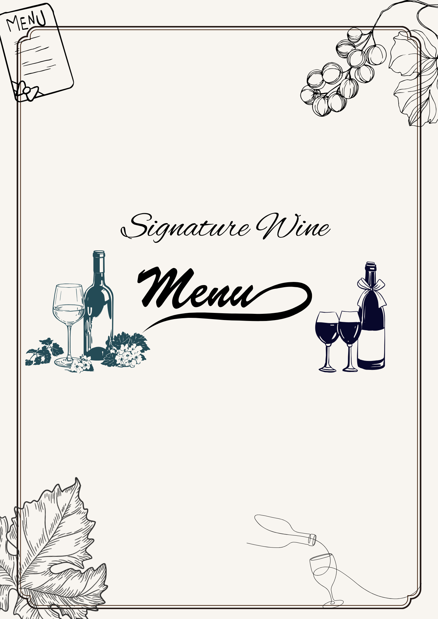 A wine menu cover design with illustrations of wine bottles, glasses, grapes, leaves, and a menu index in a minimalist black and white outline style.