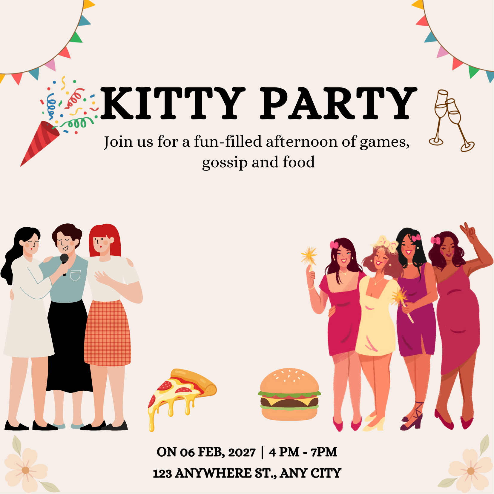 Invitation to a kitty party event featuring illustrations of women celebrating, with party decorations, pizza, a burger, and champagne glasses.