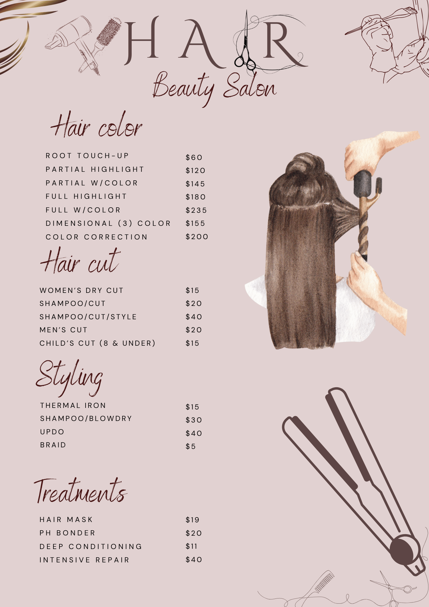 A salon menu on a pink background featuring sections for hair coloring, haircuts, styling, and treatments with illustrations of hair tools and a person getting a haircut.
