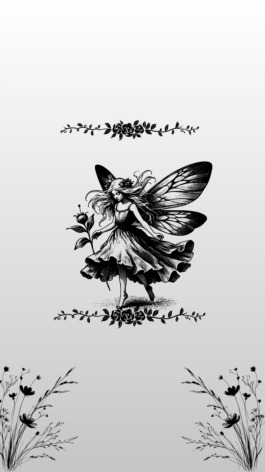 Black and white wallpaper of a fairy with butterfly wings, wearing a dress, holding a flower, with floral decorative borders at the top and bottom, and grass and small flowers at the bottom.