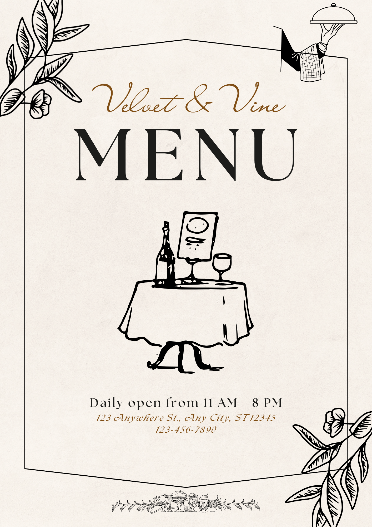 A restaurant menu with a vintage style, featuring black line drawings of a waiter holding a tray, a table with a bottle, a glass, and a menu, decorative leaves and butterflies, and text indicating the restaurant is called "Velvet & Vine," open from 11 am to 8 pm, located at 123 Anywhere St., Any City, ST 12345, with a phone number of 123-456-7890.
