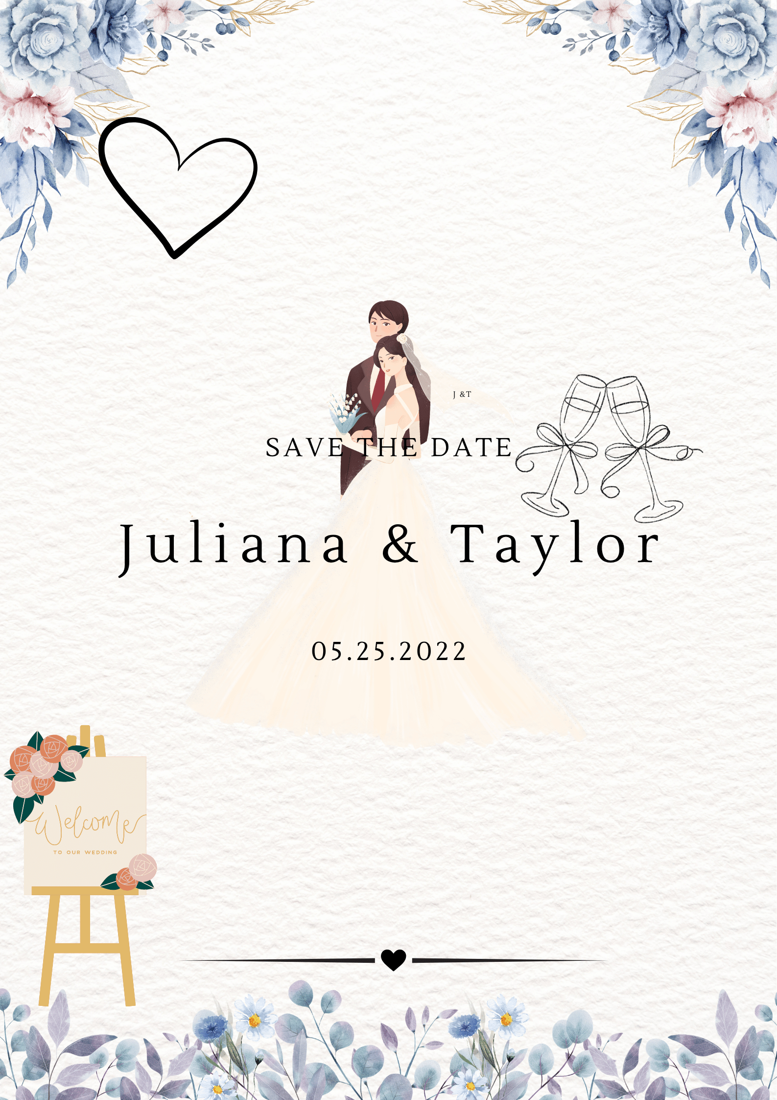 A wedding save the date card with floral borders in pastel colors, a cartoon illustration of a bride and groom, a large black heart, two champagne glasses, a small welcome sign with flowers and easel, and wedding date details.