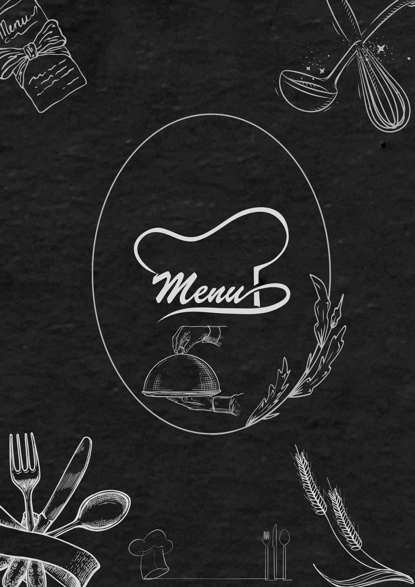 Chalkboard-style drawing of a menu with kitchen utensils, glasses, a cake, wheat, and leaves surrounding the central word 'Menu' in cursive font.