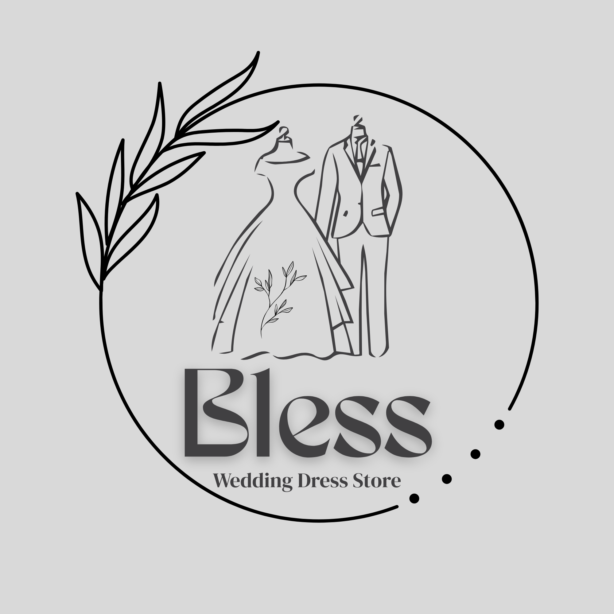 Logo for a wedding dress store featuring a line drawing of a bride and groom inside a circle, with floral accents and the text "Brides! Wedding Dress Store" underneath.