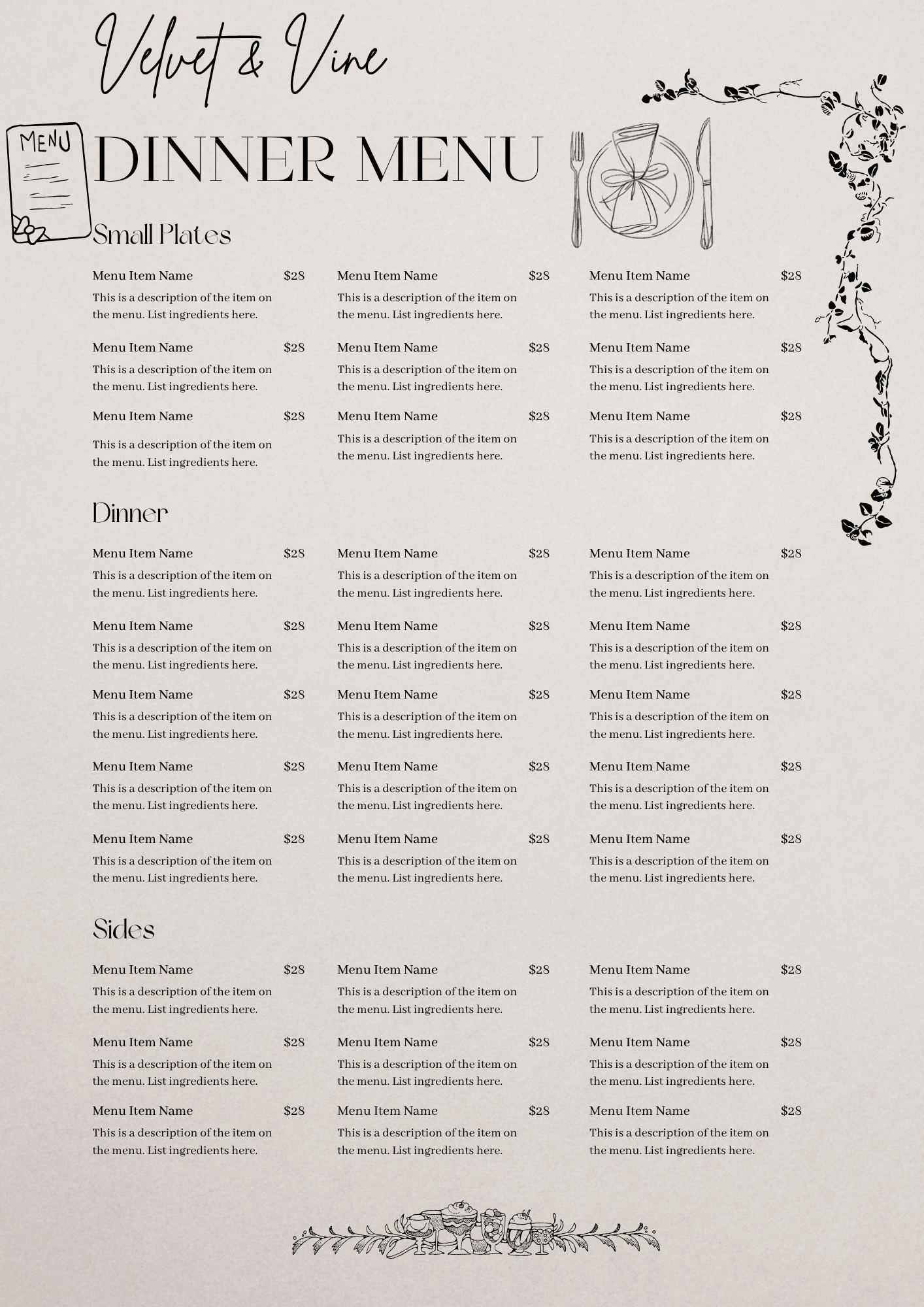 A dinner menu titled 'Velvet & Vine' with sections for small plates, dinner, and sides, each listing menu items priced at $28, and decorative illustrations of food, wine, and vine elements.