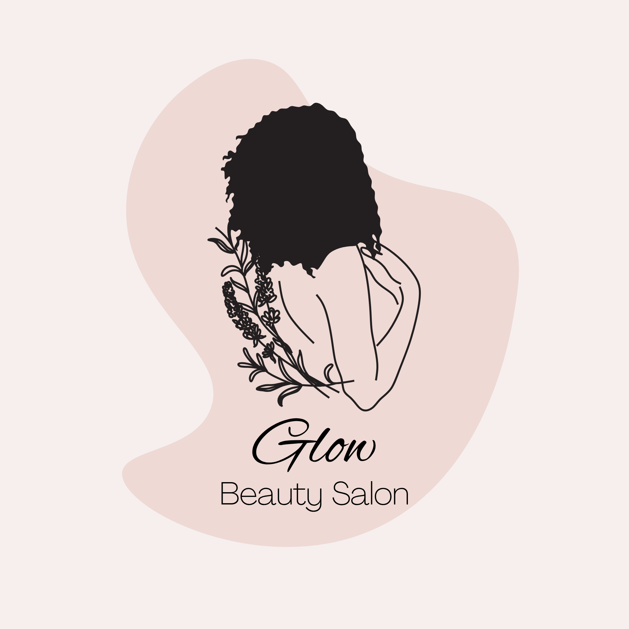 Logo for Glow Beauty Salon featuring a silhouette of a woman with curly hair surrounded by floral elements, with the text "Glow" and "Beauty Salon" beneath.