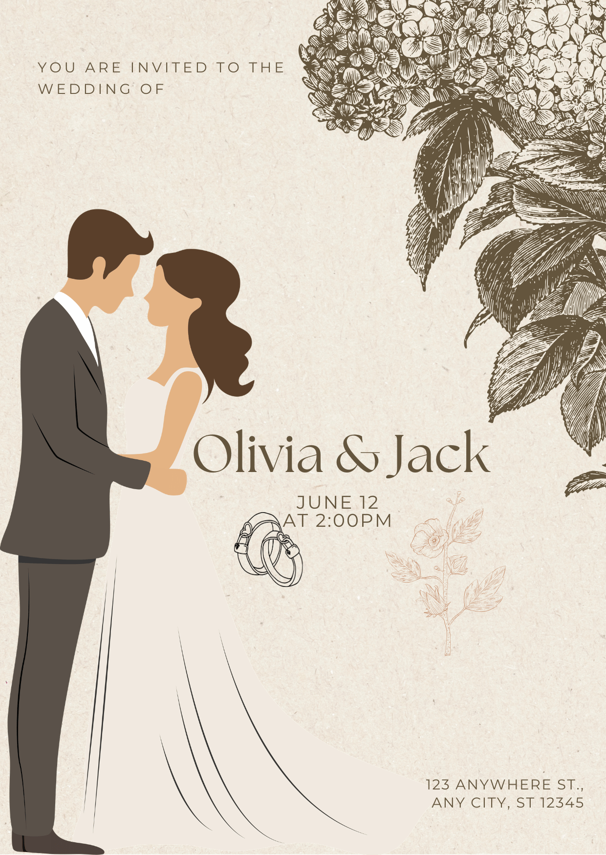 Wedding invitation featuring a drawing of a bride and groom facing each other, with floral illustrations and wedding details including names Olivia and Jack, date June 12 at 2:00 PM, and location at 123 Anywhere St., Any City.